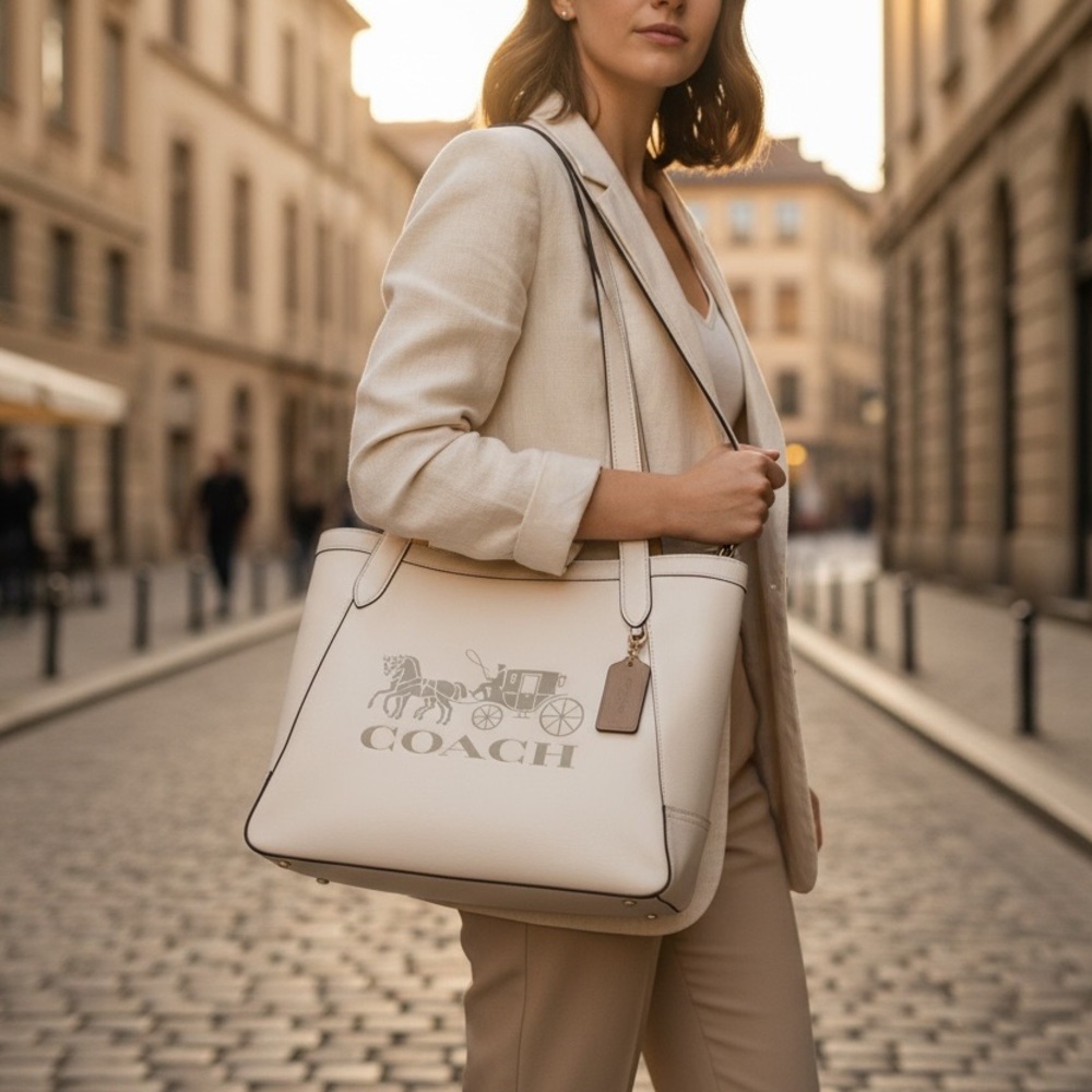 Coach Cream/Chalk Leather Tote Bag with Coach Dust Bag - Picture 12 of 16